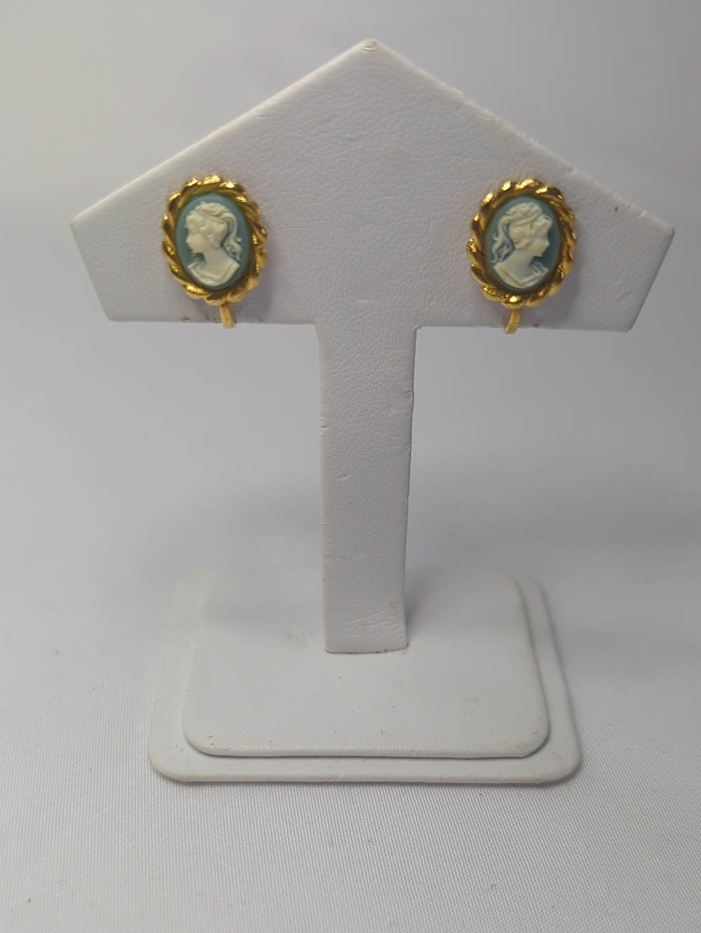 Gold-Tone Green Cameo Clip On Earrings